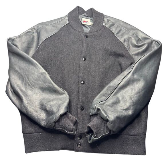 Vintage Reebok Faux Leather Button Up Varsity Jacket Black Mens M MADE IN USA - Picture 1 of 12